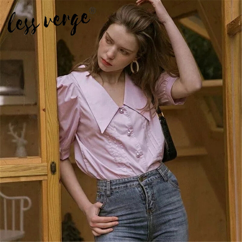 Lessverge – chemises à manches courtes pour femmes, chemisier d'été boutonné, col de poupée, couleur unie, manches bouffantes, vintage décontracté