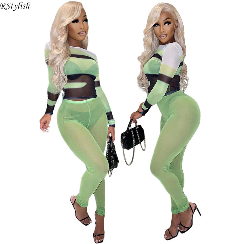RStylish Women Sexy See-through Mesh Two Piece Set Streetwear Print Long Sleeve Crop Top Pencil Pants Suit