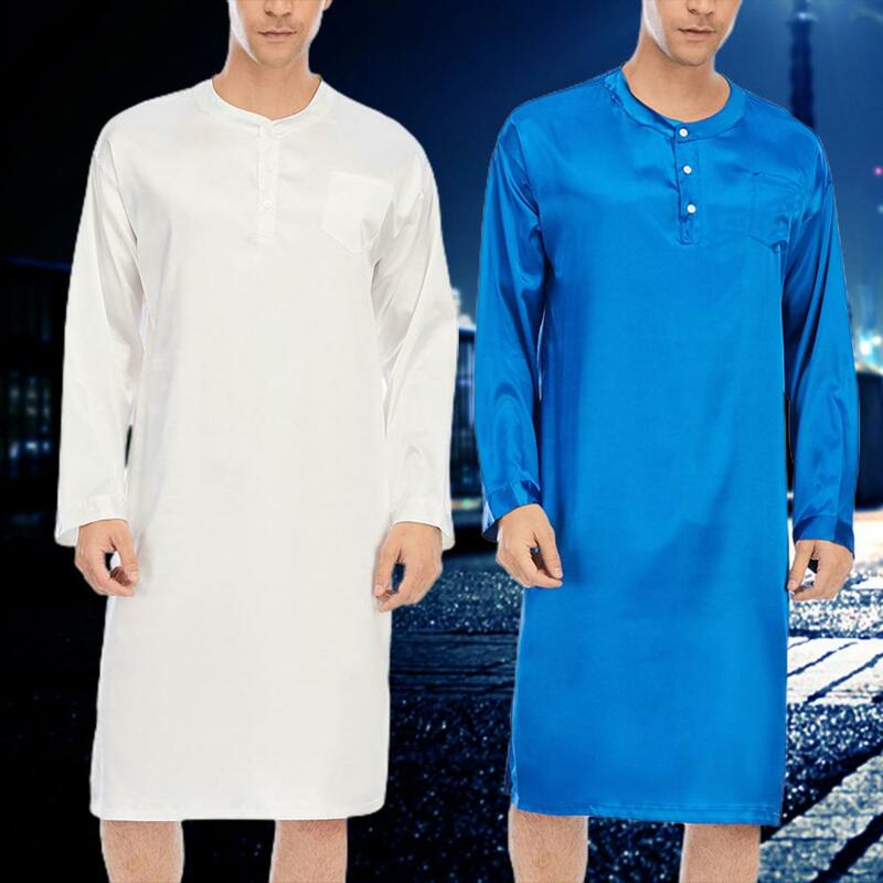 2022 Summer Men Ice Silk Pajama Midcalf Pullover Round Neck with Pocket Ultra-soft Casual Sleepdress Indoor Sleepwear Tops Male