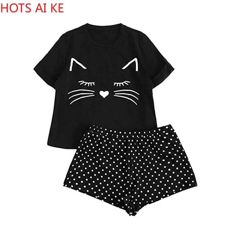 Conjunto de pijama de letras para mujer, camiseta de manga corta con estampado de gato, pantalones cortos, conjunto de pijamas