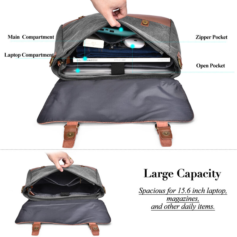 노트북 메신저 가방 15.6 인치 컴퓨터 숄더 가방 빈티지 왁스 캔버스 정품 가죽 비즈니스 서류 가방 작업 가방