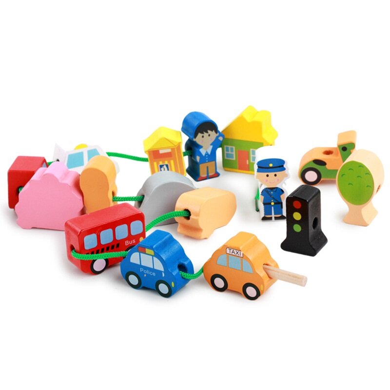 Contas de madeira de brinquedo dos desenhos animados animais frutas tráfego montessori threading brinquedos desenvolver inteligência crianças 3d jogo