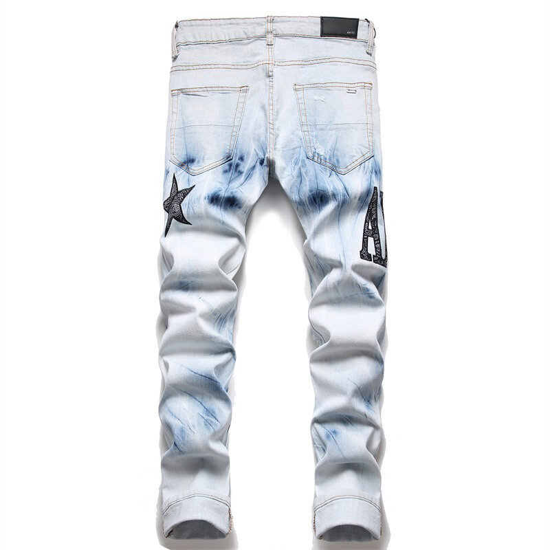 Eh · md®Estrela de cinco pontas bordado palavra arte jeans rasgado casual fino algodão estiramento rasgado azul gradiente splashing tinta