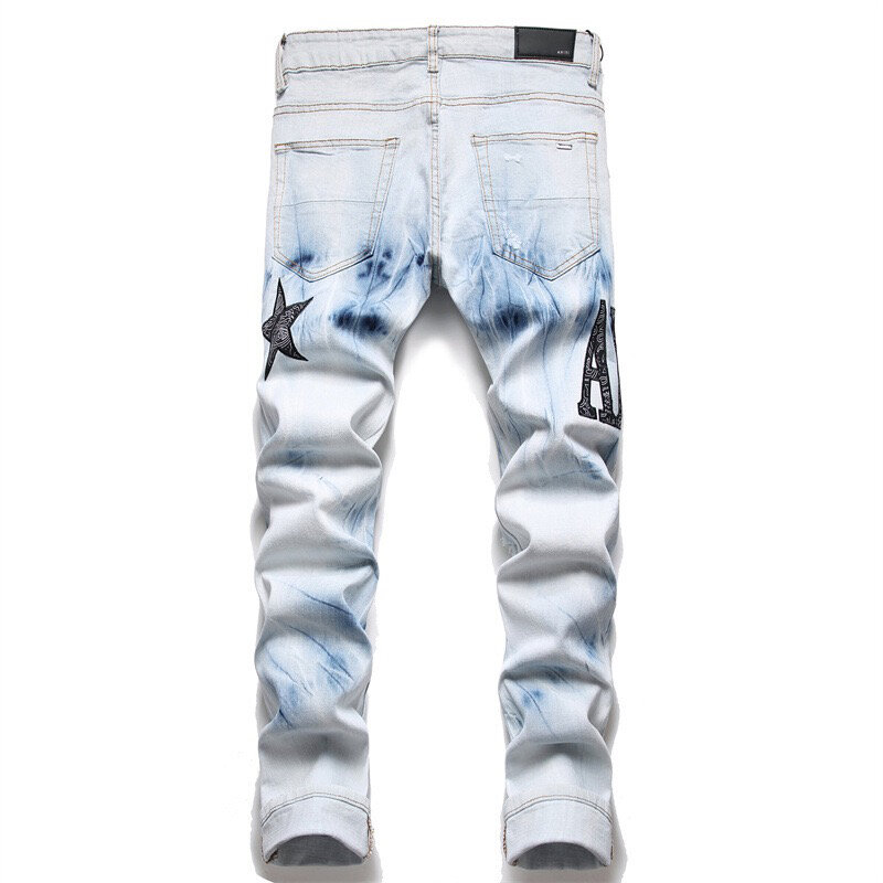 EH · MD®Pantalones vaqueros de dibujo con palabras bordados de estrella de cinco puntas para hombre, Vaqueros rasgados informales de algodón Delgado, elásticos, con degradado en azul para rascar y salpicar tinta