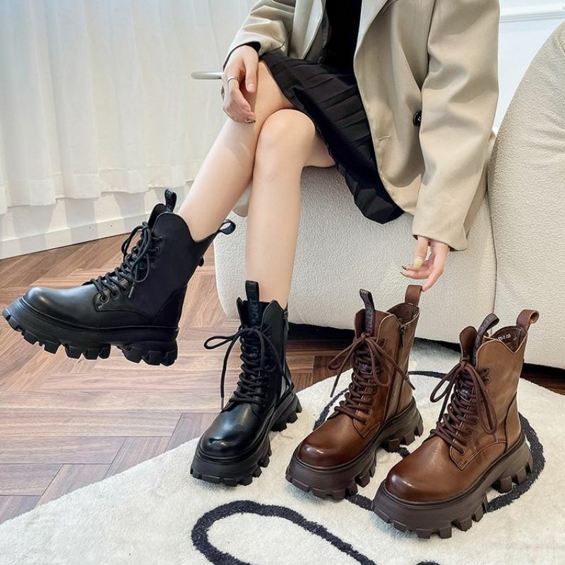 2021 Autumn and Winter New PU leather Martin Women Boots  Lace Up Thick-soled Short Boots Side Zipper All-match High Boots KZ111