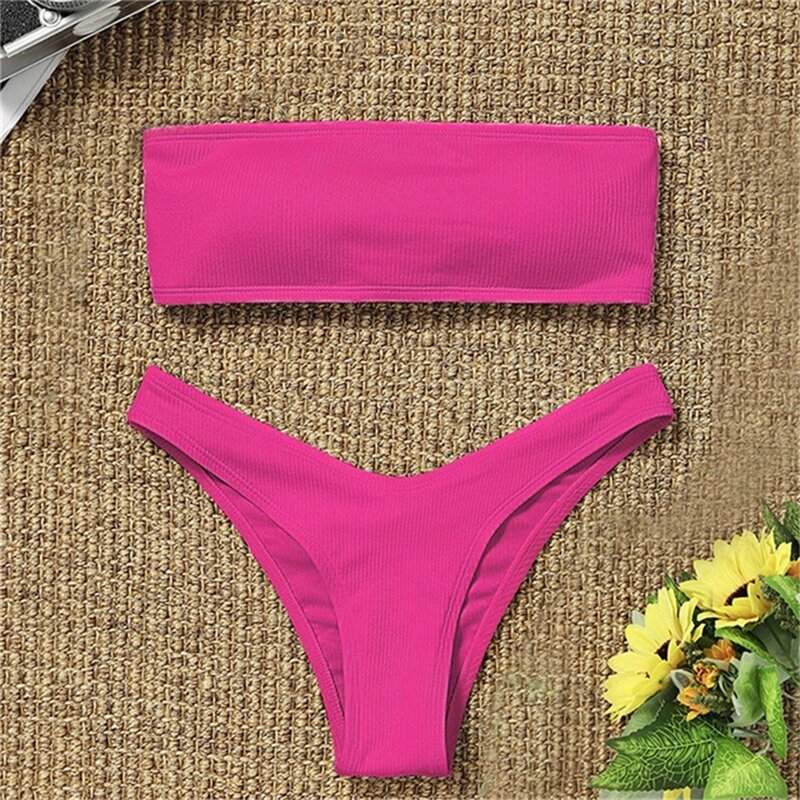 Bikini solido costume da bagno brasiliano Set Bikini da donna costumi da bagno Sexy con spalle scoperte nuoto femminile Biquini Maillot De Bain Femme 2021