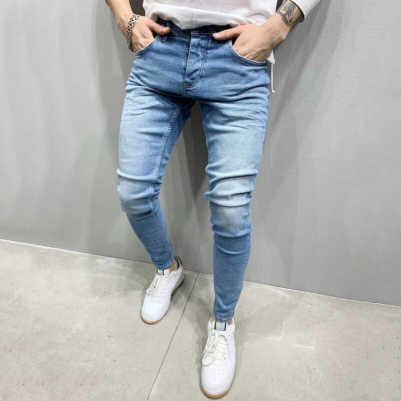 Calças de brim de brim de cintura elástica dos homens 2020 estiramento rasgado calças de brim dos homens streetwear denim azul