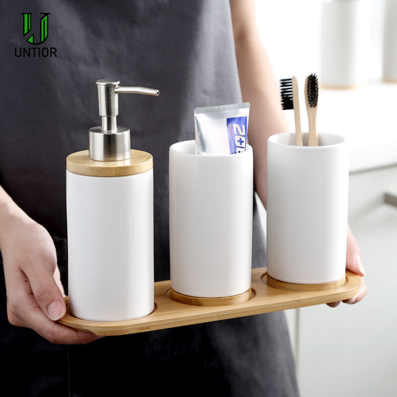 UNTIOR-Set de accesorios de baño de cerámica con Base de bambú, incluye vaso de cerámica, dispensador de jabón, soporte para cepillo de dientes, juego de baño