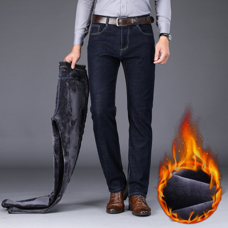 Nova chegada do inverno dos homens novos quente magro ajuste jeans negócios moda engrossar denim calças de lã dos homens calças de brim longas masculino