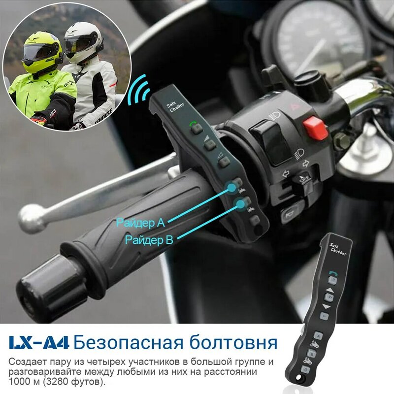 1pcs Lexin A4 BT Bluetooth Moto Intercom helmet headsets Include a Remote for 4 Riders 1000M Motorcycle Intercomunicator