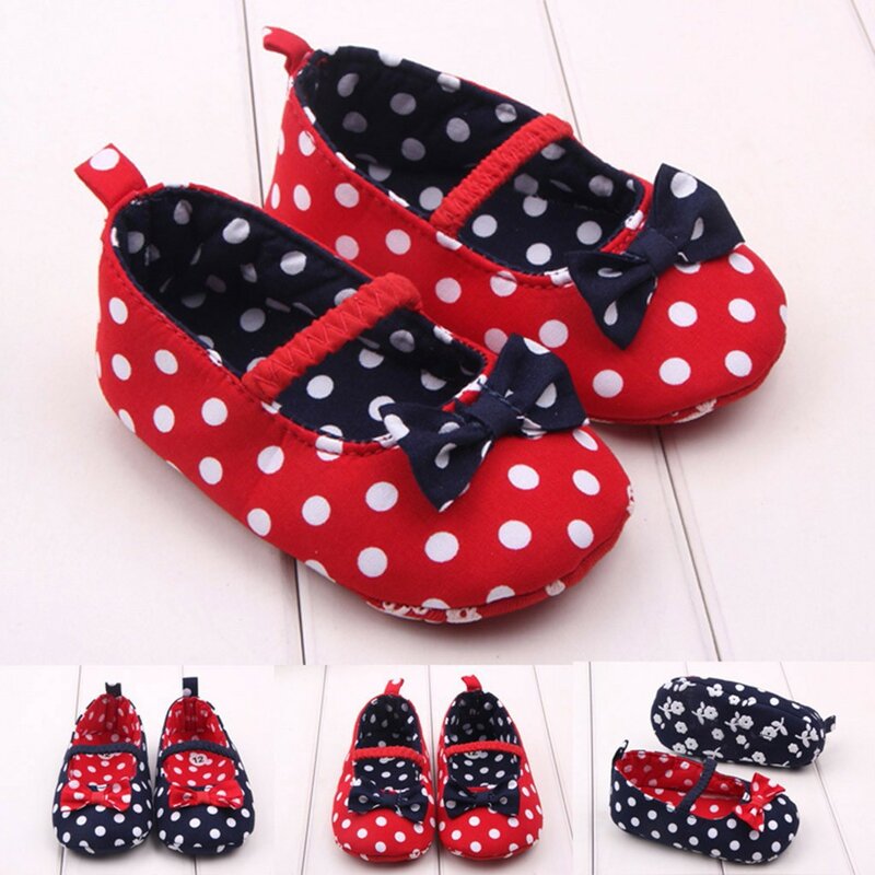 Baby Shoes Newborn Boys Girls First Walkers Dot Bowknot Anti-Slip First Walkers Soft Sole Shoes Cute Toddler Princess Shoes