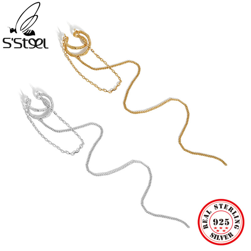 S'STEEL-스털링 실버 기하학 디자인 X 자형 클립 귀걸이, 여성을 위한 선물 커프 이어링 태슬 체인 파인 주얼리 925