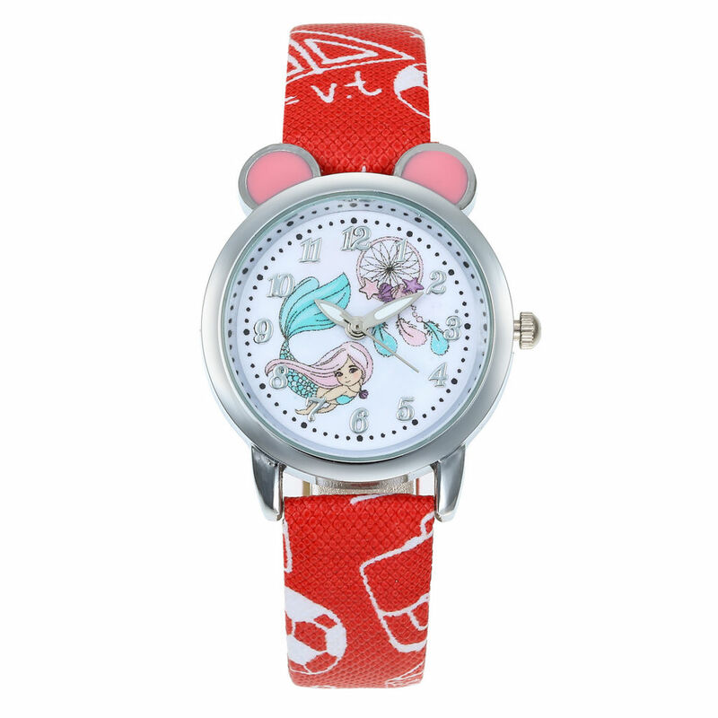 สีชมพูน่ารัก Mermaid นาฬิกาข้อมือเด็กนาฬิกาการ์ตูนสายหนังเด็กนาฬิกา Quartz นาฬิกา Relogio Masculino Saat
