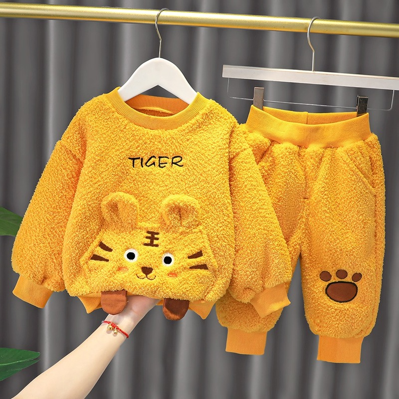 2021 Winter Baby Set Velvet Cute Cartoon Animal Pattern Furry Sweatshirt + Pant Long Sleeve Velour Baby Clothing Sets EY09184