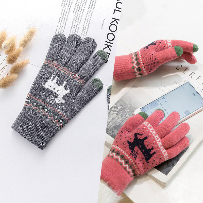 Rimiut Fashion Knitted Thick Gloves For Men & Women Christmas Deer Printed Warm Autumn Winter Full finger Gloves 2 Style 6 Color