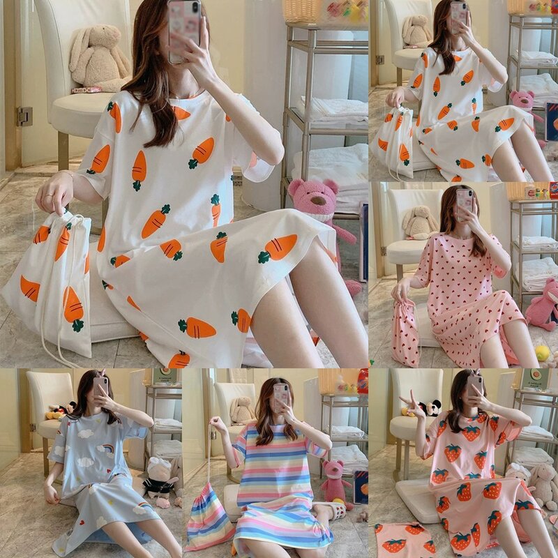 Women Sexy Short Sleeve Cartoon Print Sleepdress Nightwear Loungewear Pajamas Cotton Comfort Sleepwear Crew Neck Sleepdress New