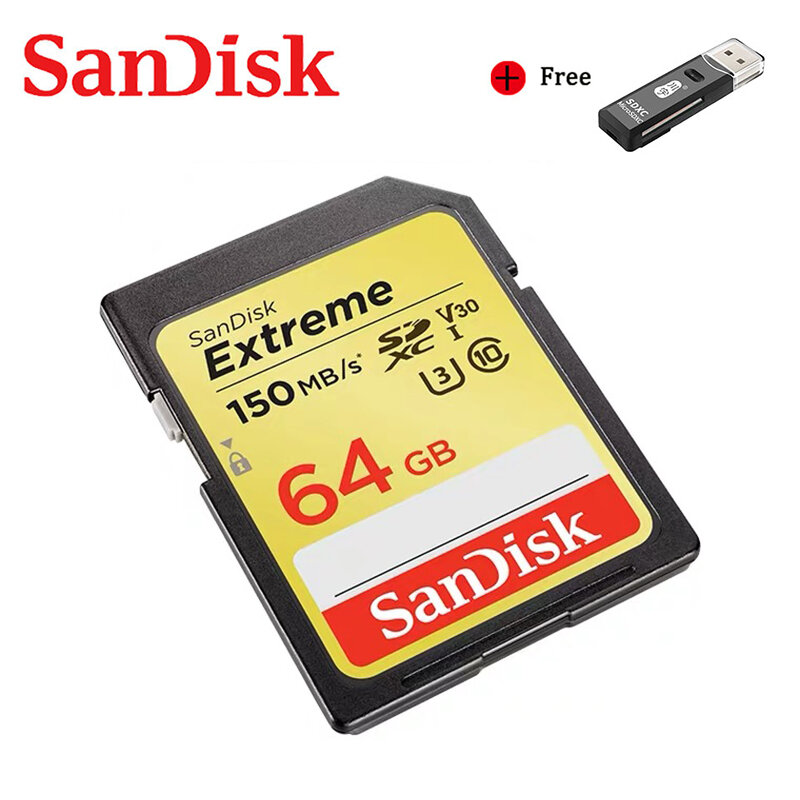 Двойной Флеш-накопитель SanDisk карты памяти SD Extreme SDHC/SDXC в формате 4K UHD, 64 ГБ 150 МБ/с. Class10 U3 V30 высокое Скорость флеш-карта для Камера SDSDXV6