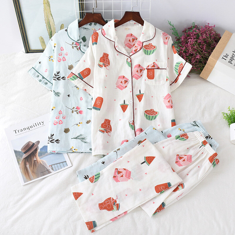 100% algodão feminino sleepwear macio 2pc conjuntos de pijama botão para baixo manga curta pj conjunto de pijama floral primavera verão feminino