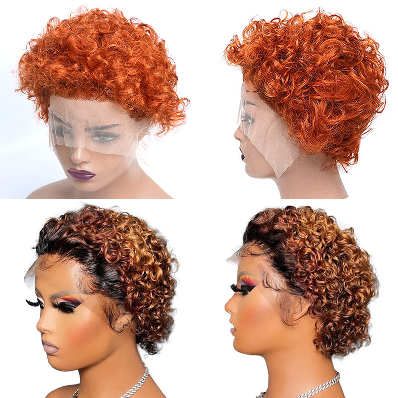 Ali express-Peluca de cabello humano rizado con corte Pixie para mujer, pelo de color marrón, corte Bob, barata, predesplumada