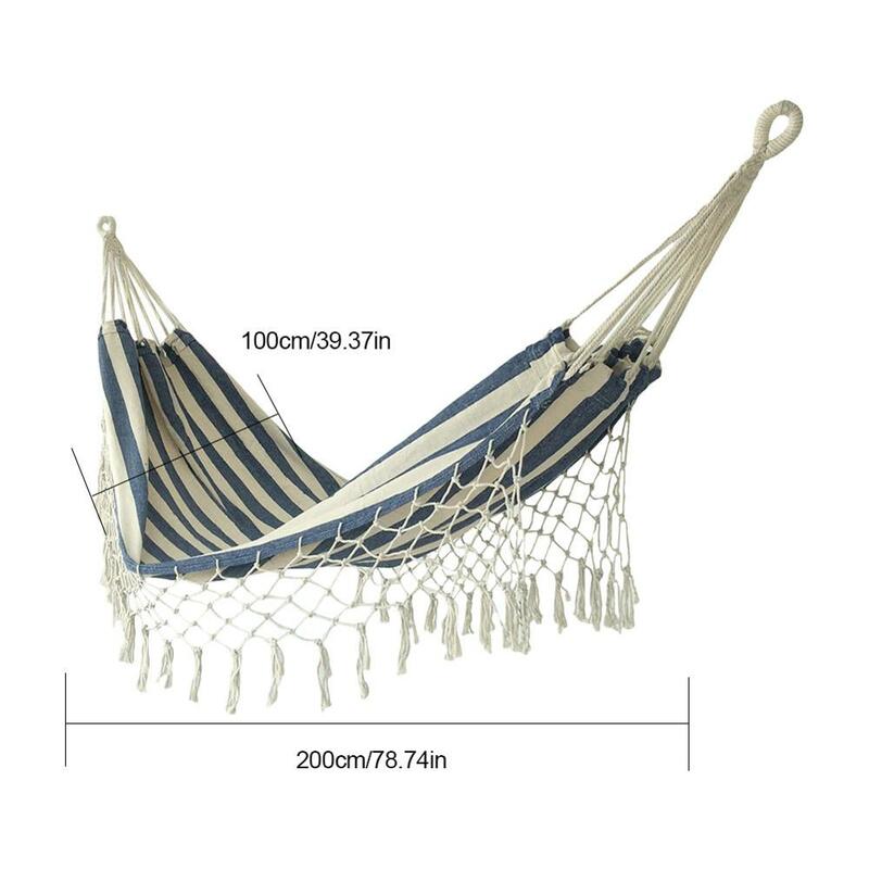 Lona tassel hammock acampamento ao ar livre indoor suprimentos ao ar livre portátil dobrável listrado azul e branco listrado rede
