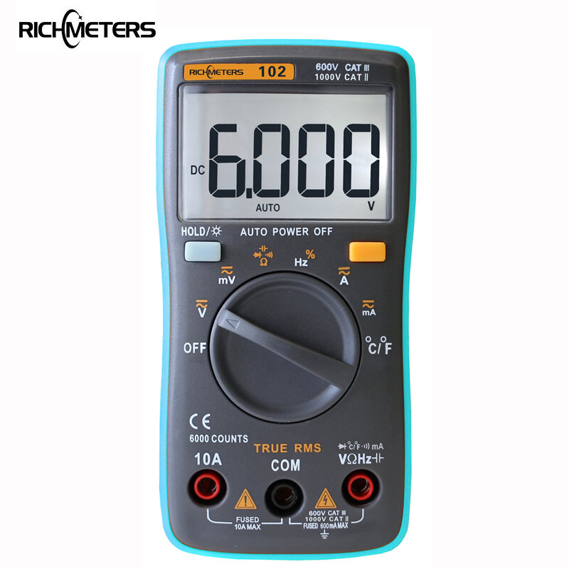 RICHMETERS 102 multimetro 6000 conta retroilluminazione AC/DC amperometro voltmetro Ohm frequenza diodo temperatura RM101