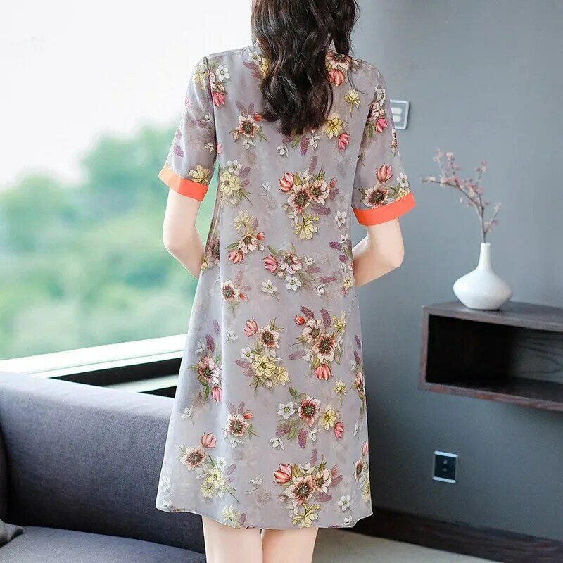 Yg Brand Women's 2021 Summer New Improved Cheongsam Skirt Short Sleeve Mulberry Silk Printing Retro Style Dress