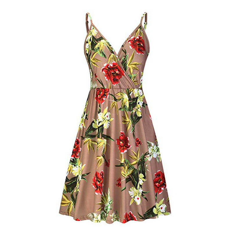 Fashion Women Vestidos Summer V-Neck Mini Floral Print Swing Sleeveless Strap Skater Dresses Sleeveless Sundress Женское Платье