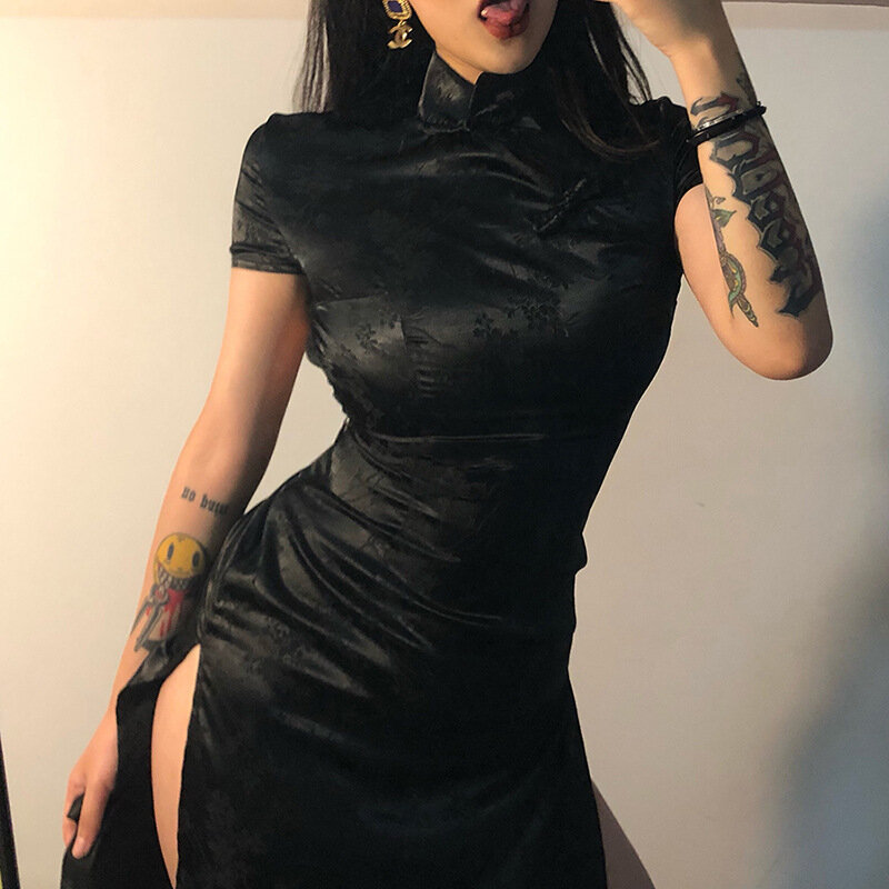 Sexy clube mulher vestido preto flor bordado bodycon cheongsam verão estilo chinês roupas estéticas a linha saia dropshipping