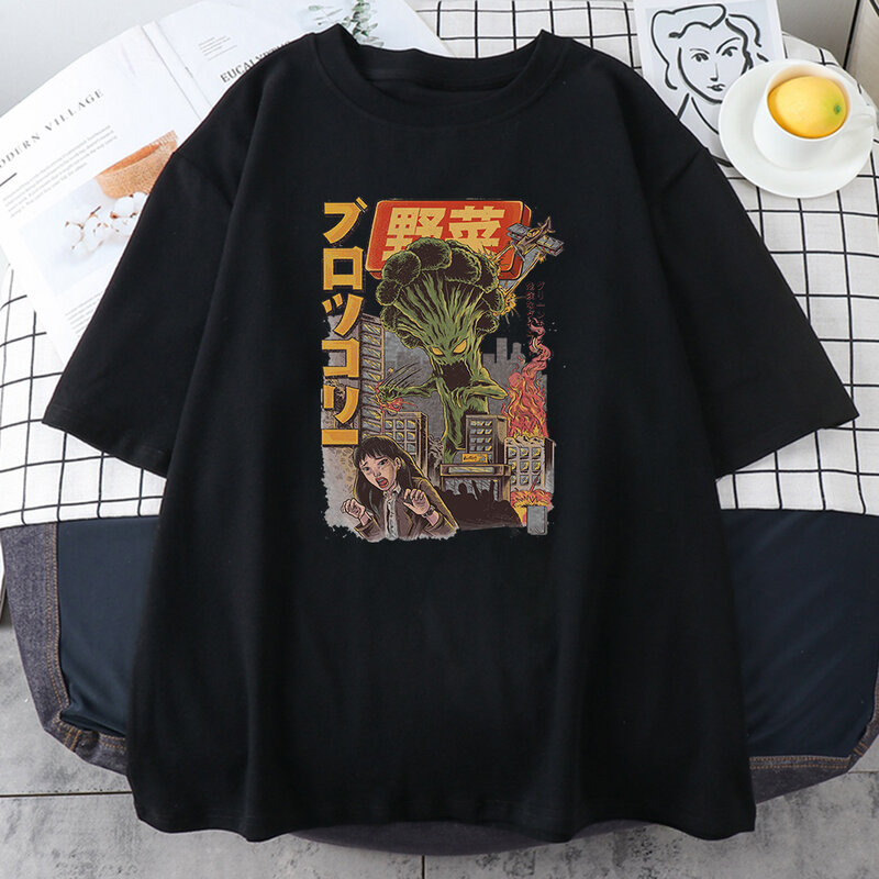Brocolin Monster Attack Humman Print Women T-shirt Casual Style Tops Oversized Japanese Tshirt Vintage Crewneck Female T shirts