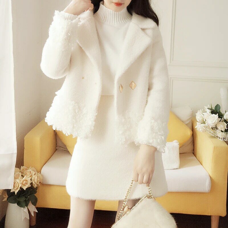 New Suit Long Sleeve villus Women Coat And Skirts Clothing Two Peice Set Women Imitation fur Neck 2020 Winter White Pink 870C