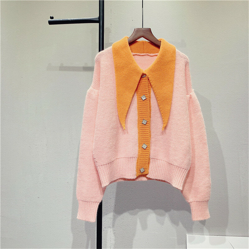 Saythen manga longa contraste cor retalhos malha cardigan camisola feminina com decote em v lapela casual botão jaqueta 2020 outono inverno