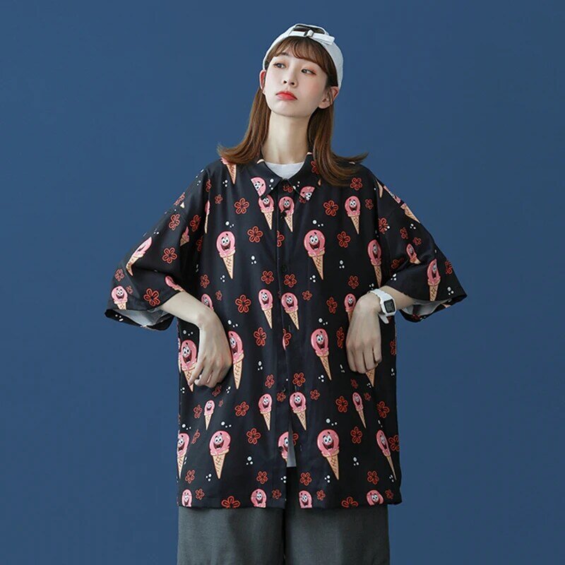 Блуза с изображением персонажей из мультфильма, с отложным воротником, новая летняя женская уличная футболка с длинным рукавом для женщин и...