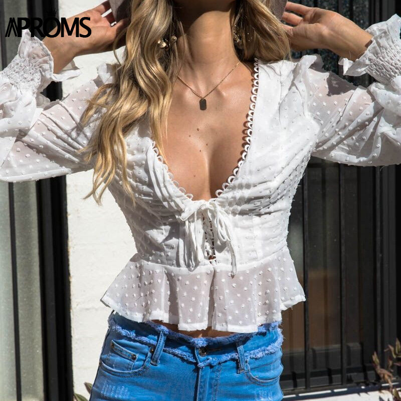 Aproms Vintage Polka Dot Lace-up Chiffon Mesh Bluse Frauen Casual V-ausschnitt Seite Zipper Weiß Blusen Weibliche Lange Hülse top 2021