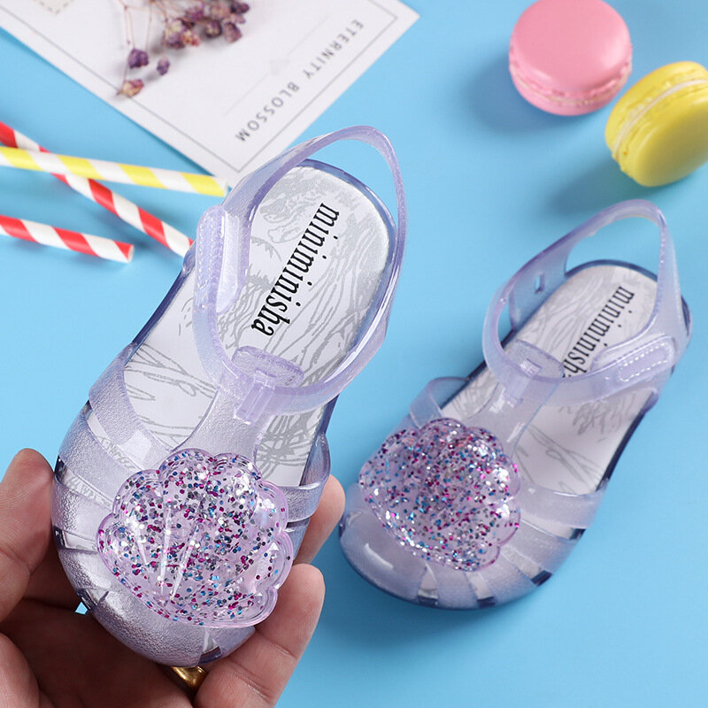 Sandália infantil de lantejoulas para meninas, sapato de verão em pvc com geleia, mini sandália melissa infantil casual para crianças, sandália de princesa para bebês, 2021