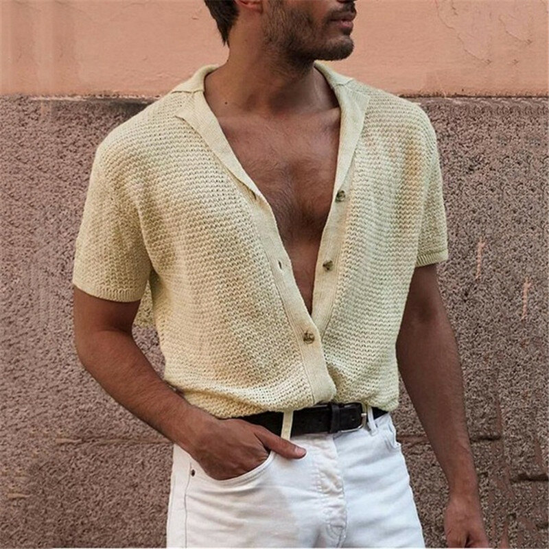 Suéter masculino com gola v, pulôver de verão fino com manga curta e lapela, novidade 2021