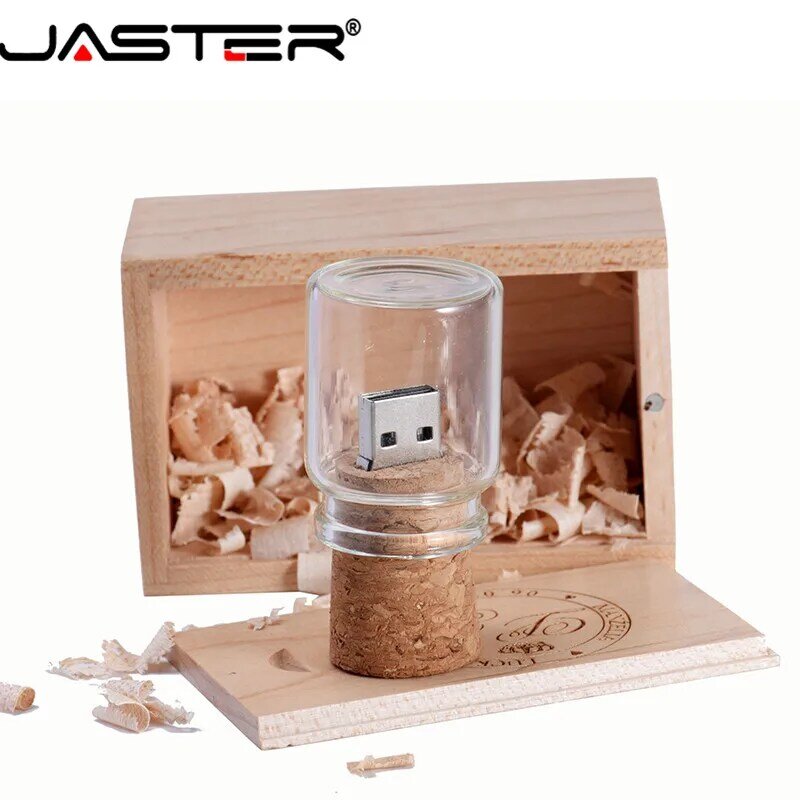 Logotipo personalizado de JASTER, botella de vidrio, USB + caja, Pendrive de 32GB, 16GB, 8GB, 4GB, Memoria Stick para fotografía, regalos de boda