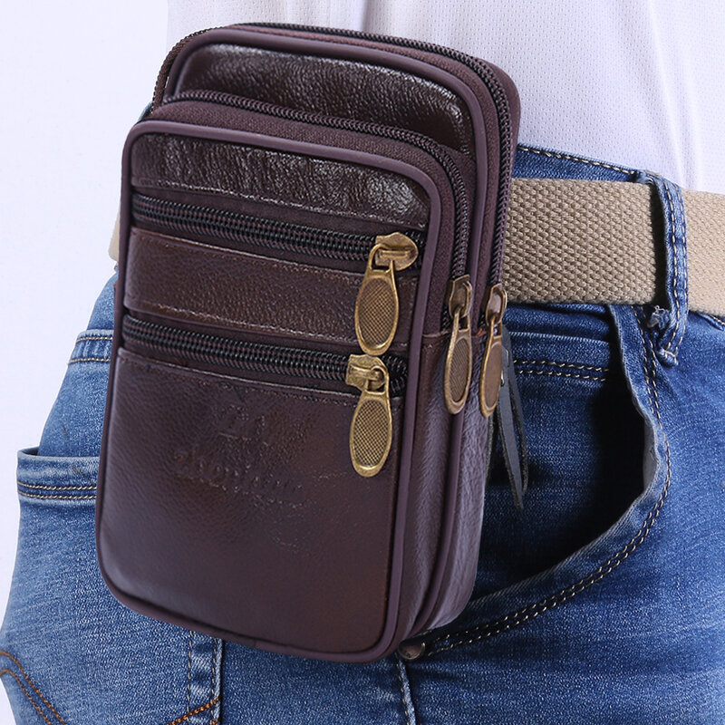 Men's Bag Cowhide Leather Fanny Waist Bag Waterproof Zipper Mobile Phone Purse Pocket Business Casual Belt Bum Pouch