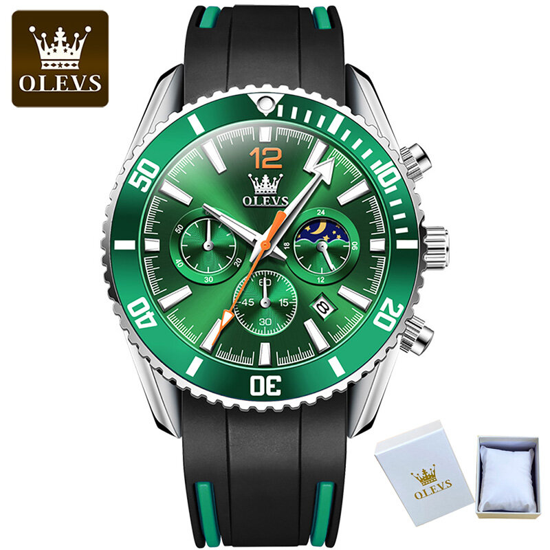 OLEVS-Reloj de pulsera deportivo para hombre, cronógrafo de cuarzo con correa de silicona negra, luminoso, resistente al agua hasta 30M
