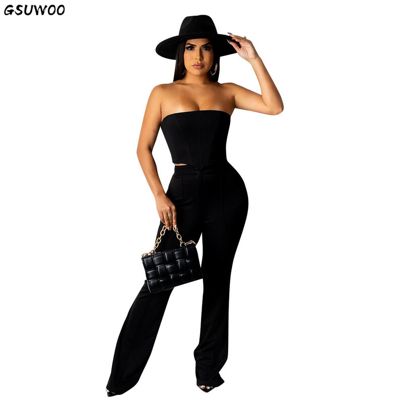 GSUWOO Women Two Piece Set Casual Strapless Corset Crop Tops Fly Wide Leg Pants Autumn Solid Streetwear Outfit Active Tracksuit