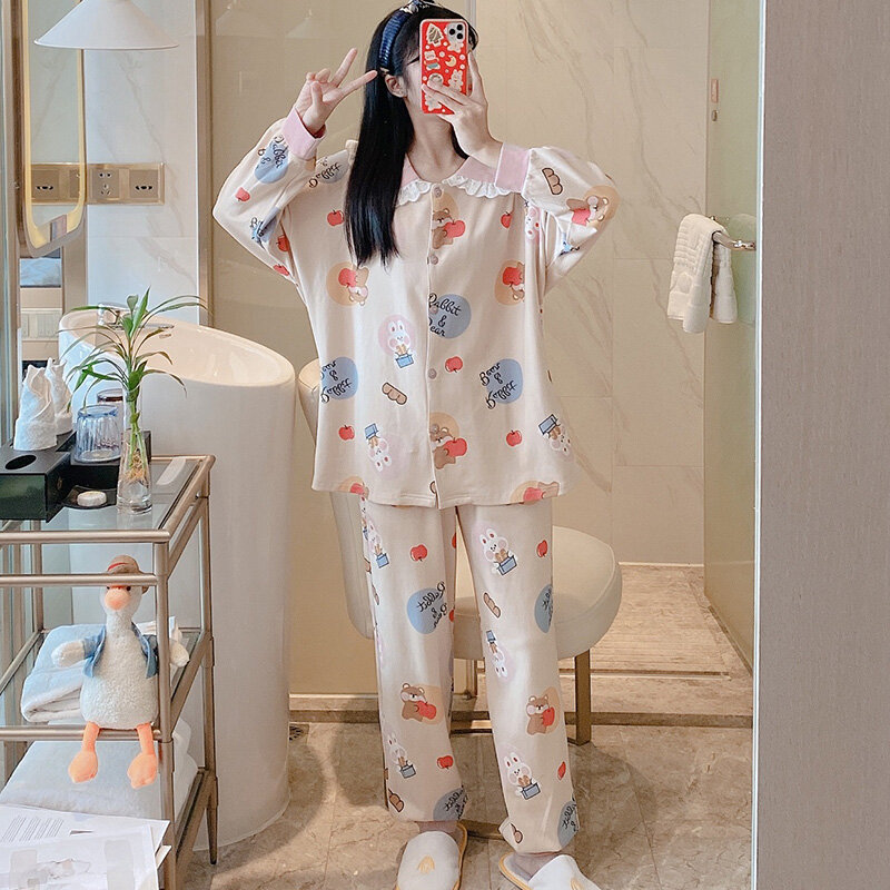 Estilo princesa pijama feminino primavera outono manga comprida coreano-estilo solto algodão terno cardigan coelhos e ursos bonito
