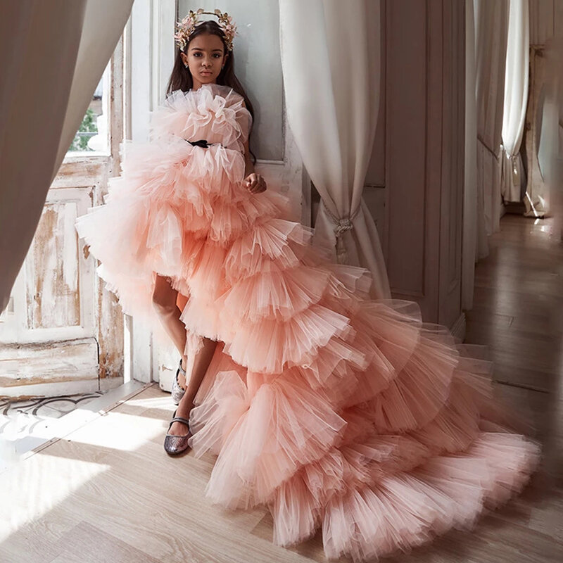 Gaun Gadis Bunga Persik Menawan Jubah Pernikahan Ulang Tahun Mode Berjenjang Tulle De Demoiselle Princess Komuni