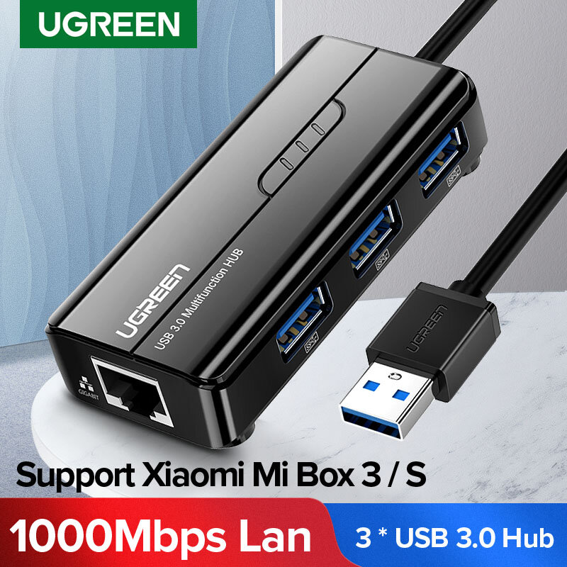 Ugreen-Hub USB 3,0 2,0 a RJ45 Lan 10/100/1000M, tarjeta de red para Xiaomi Mi Box 3/S, adaptador Ethernet Lan USB para Macbook