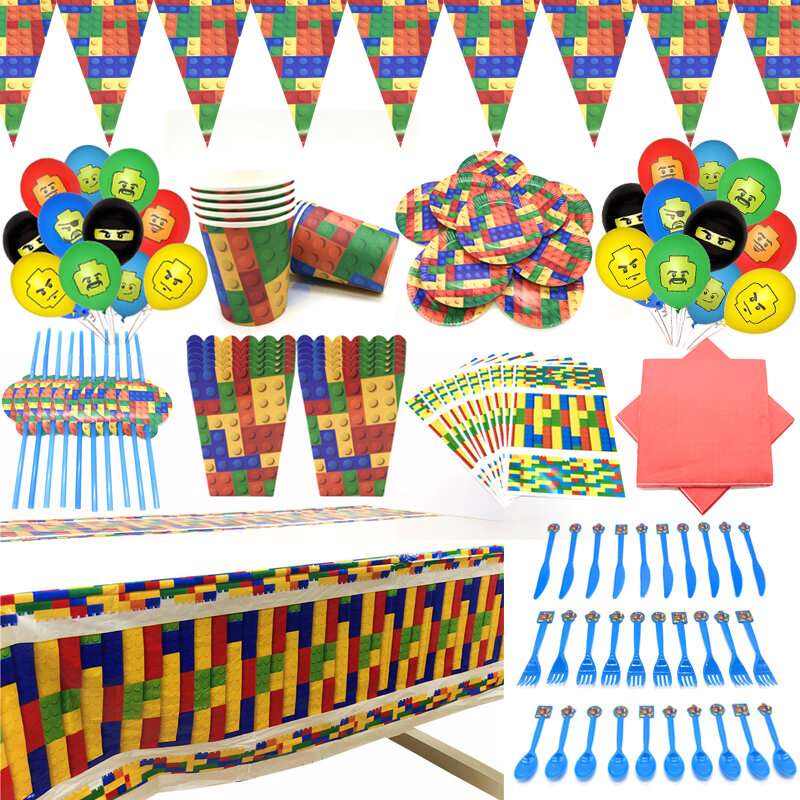 Building Blocks Party Decoration Latex Balloon Baby Shower Party Banner Building Brick Theme Party Supplies Disposable Cup Fork
