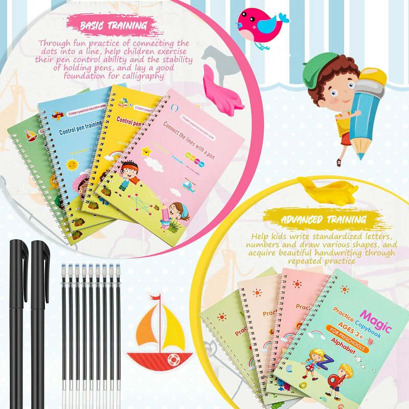 8 Boeken/Set 3D Groef Magic Oefenboek Gratis Veeg Kinderen Schrijven Kalligrafie Engels Alfabet Schrijven Montessori Speelgoed gift