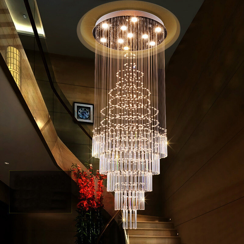 Modern living room brush rotating stair chandelier, atmosphere Hotel Villa long crystal chandelier