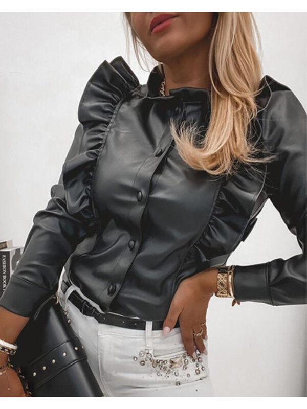 Autumn PU Faux Leather Ruffles Print Shirt Blouse Women Casual Winter Buttons Black Solid Shirts Female Long Sleeve Tops Blusas