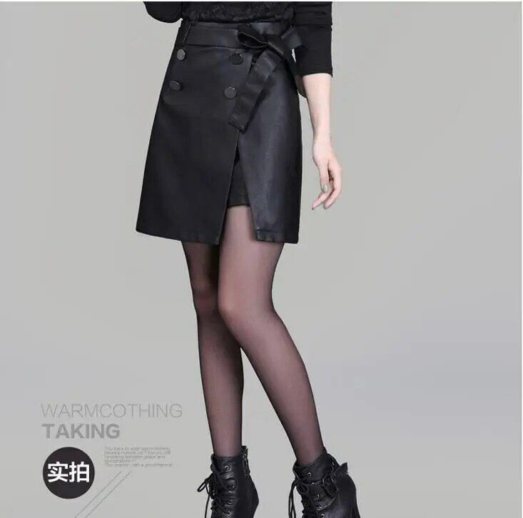 New S/5Xl Women'S Leather A-Line Skirts High Waist Spring Autumn Vintage Large Size Sashes Mid Skirts Female Leather Saias K1228