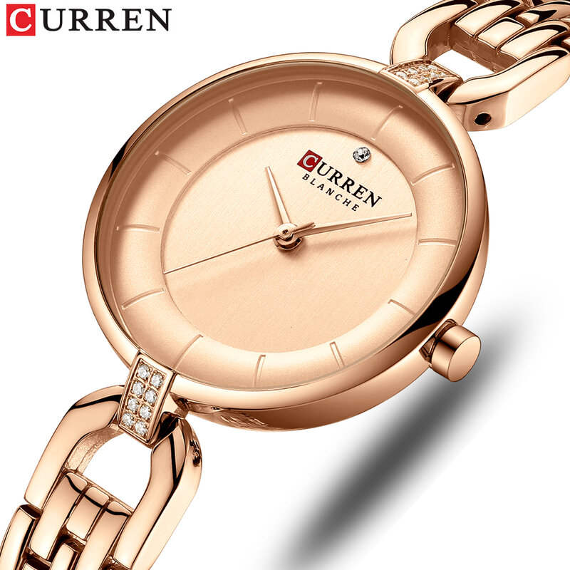 Curren-relógio de pulso de quartzo feminino, relógio de marca de luxo, vestimenta de malha, ouro rosa, aço inoxidável