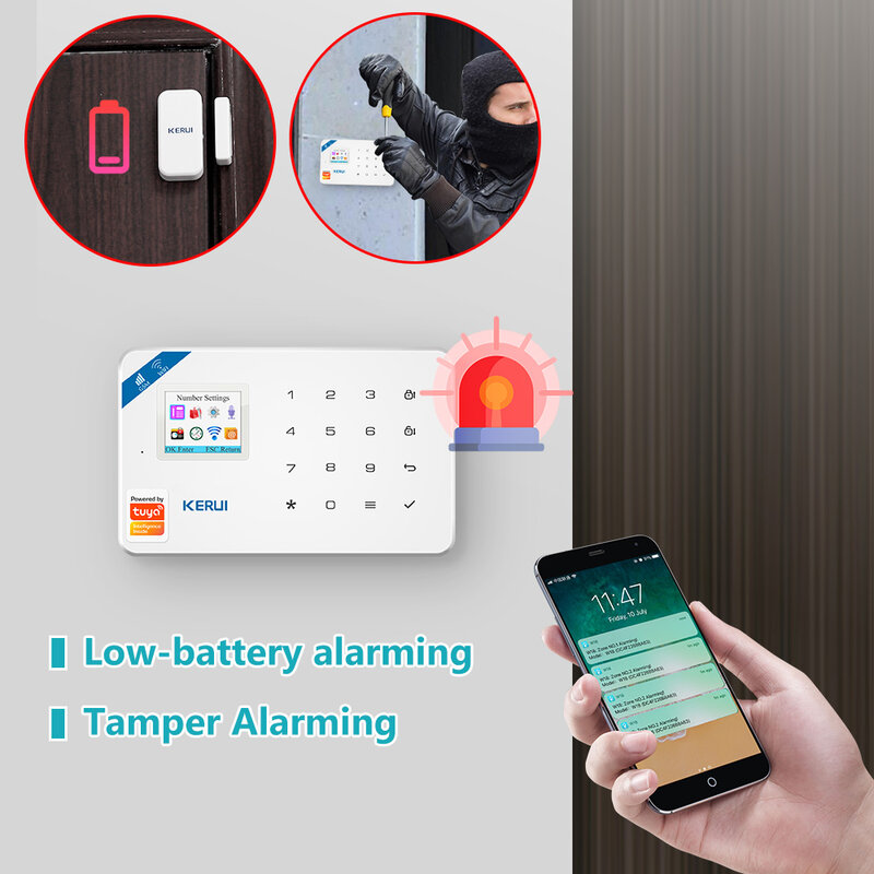 Kerui casa inteligente sem fio gsm sistema de alarme segurança sms app controle casa detector movimento sensor sinal do assaltante dispositivo ip camere