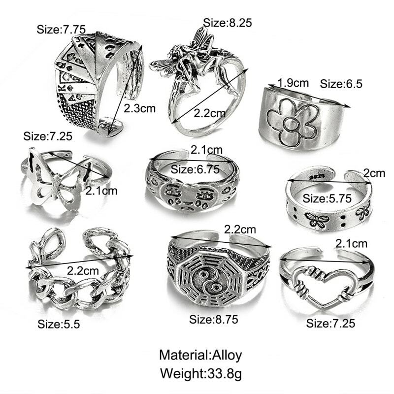 6Pcs Vintage Gothic Butterfly Angle Flower Multi Element Ring Set For Women Men Retro Personality Finger Ring Gifts